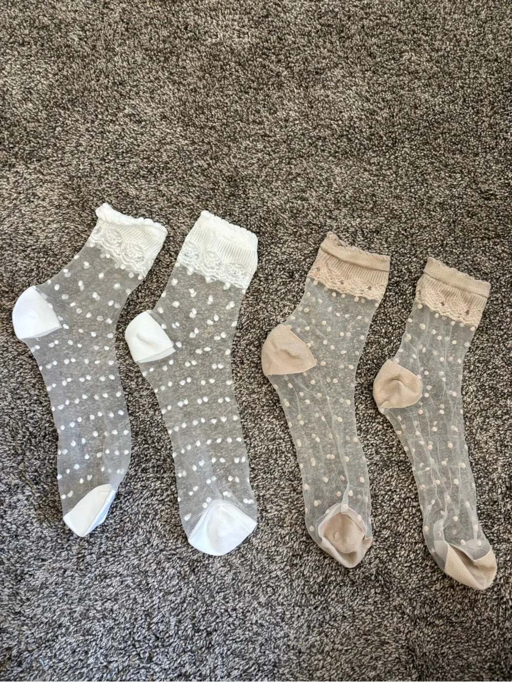 Sheer Polka Dot Lace Crew Socks - White and Beige